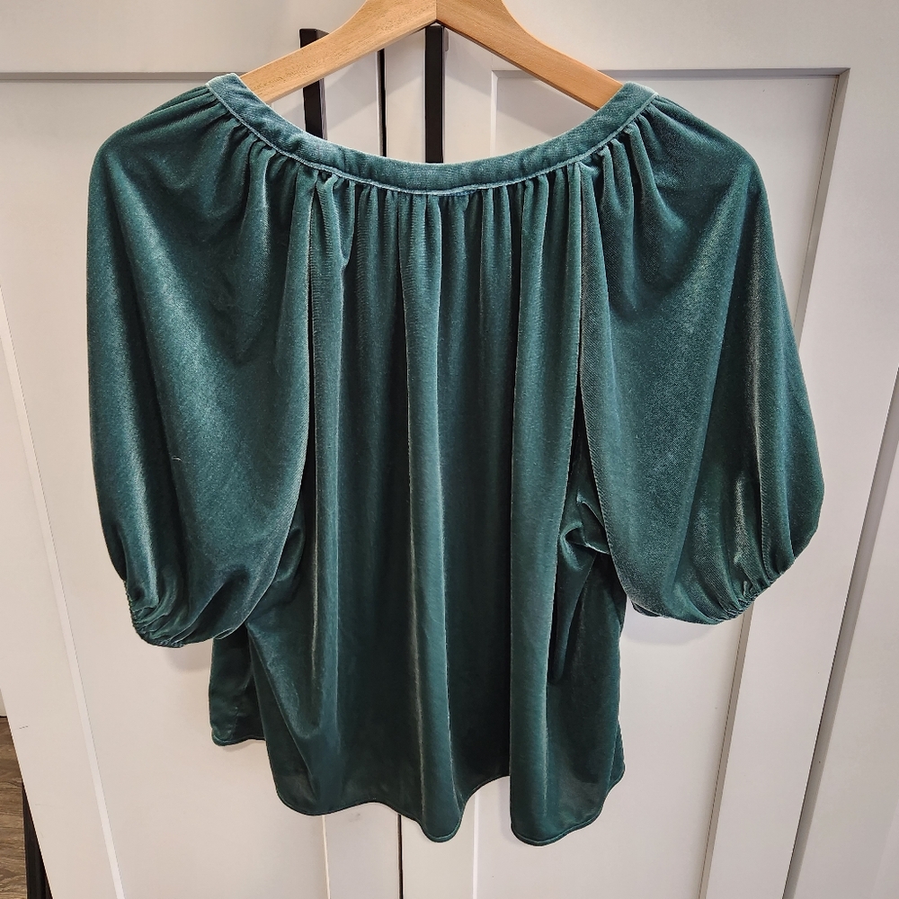 Gap Puff Sleeve Green Velvet Relaxed Split Neck Top Size Large - Picture 9 of 9